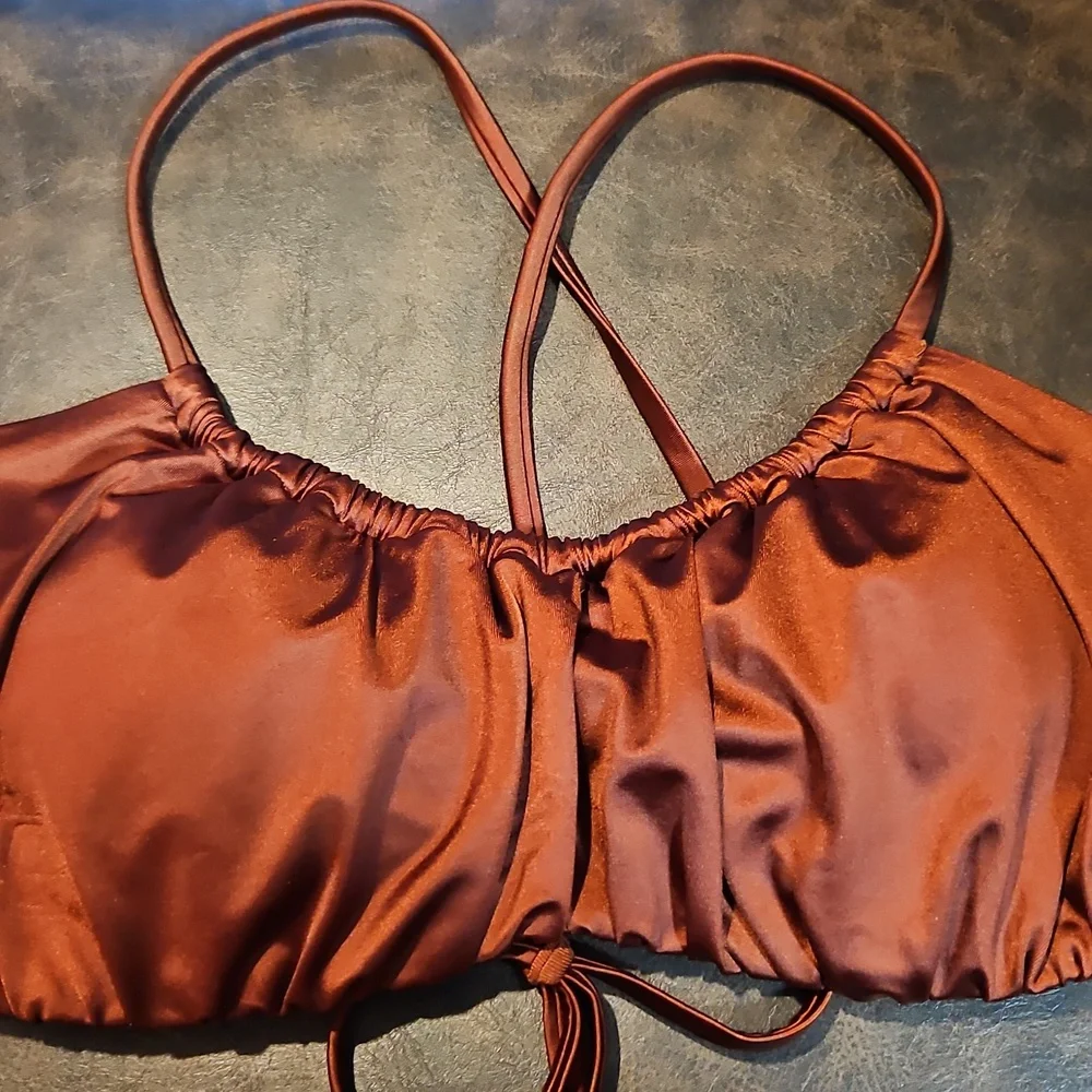 CALIA Scrunched Tie Back Bikini Top: Red Brown Shine: NEW WITH TAGS: SIZE XS